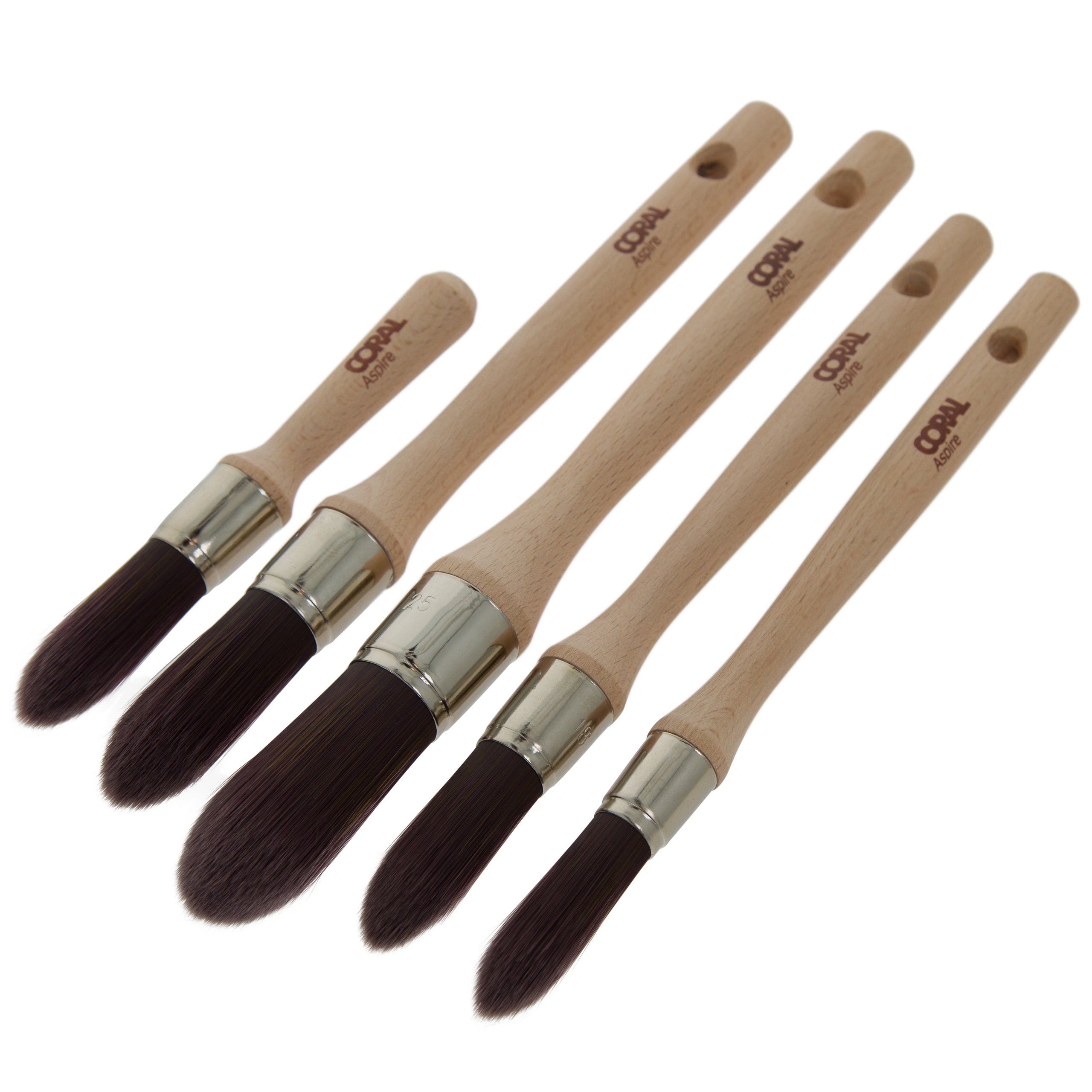 thumbnail image 2 of Coral 33749 Aspire 5 Piece Slant Lining Fitch Paint Brush Set Professional Firm Profile For Fast Accurate Detail Ultra-Smooth Finish With Emulsion Or Gloss FSC Wood 0.25, 0.5, 0.75, 1, 0.5 Stubby 2 of 11